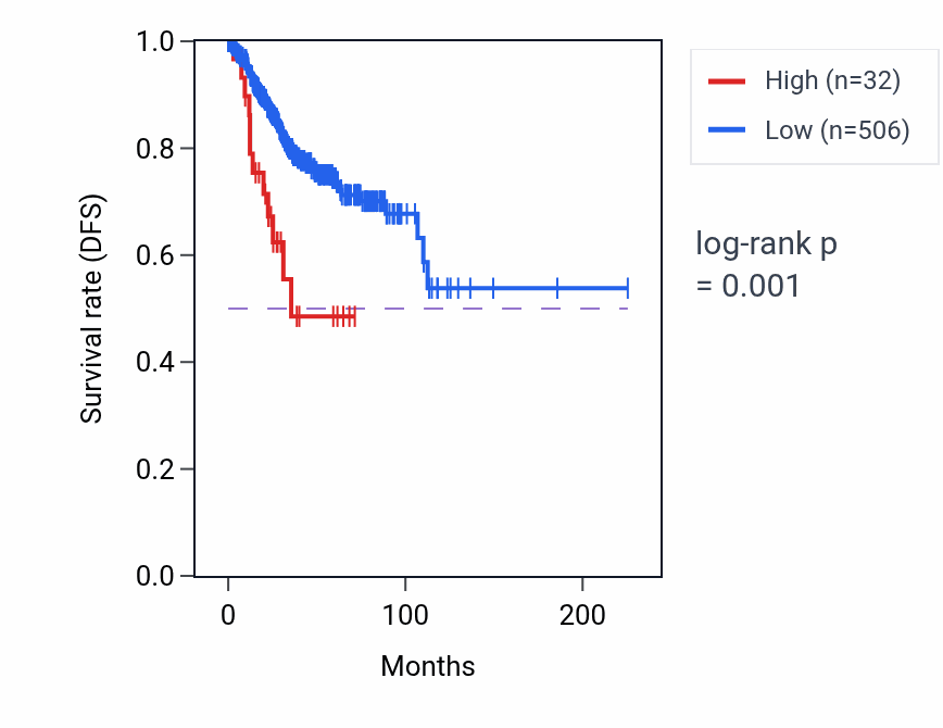 Kaplan&ndash;Meier survival curve for LINC02053 RNA-high vs -low samples in UCEC.
