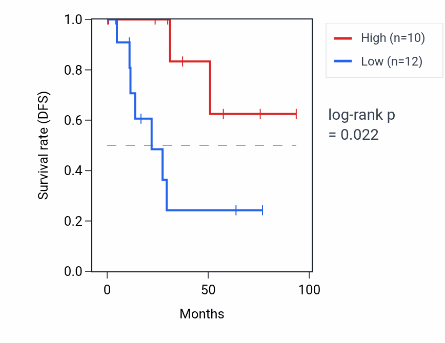 Kaplan&ndash;Meier survival curve for LINC02054 RNA expression in UCEC: high vs low expression groups.
