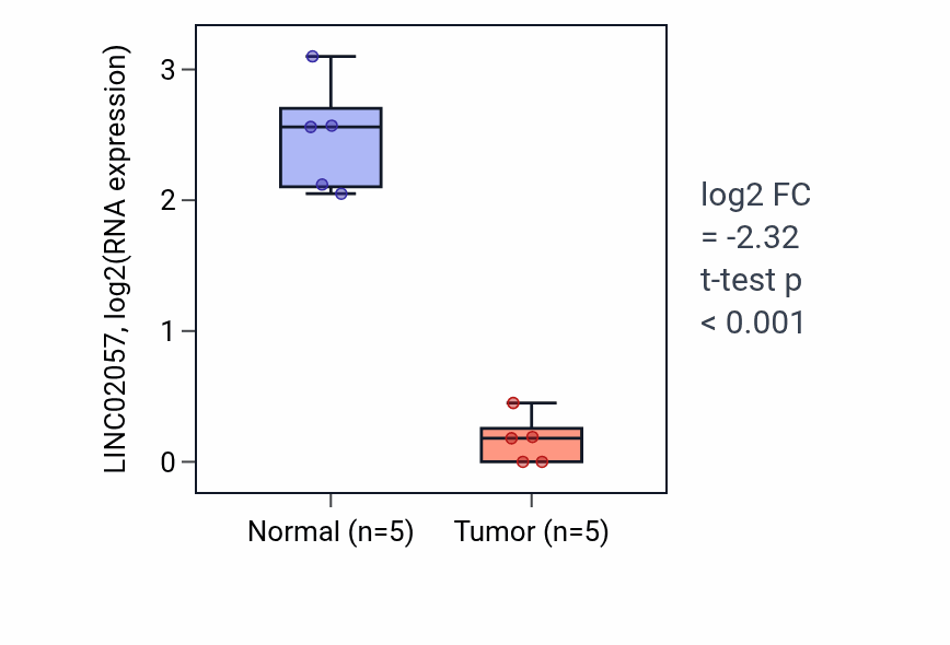 Tumor-vs-normal expression box plot for LINC02057 RNA in COAD.