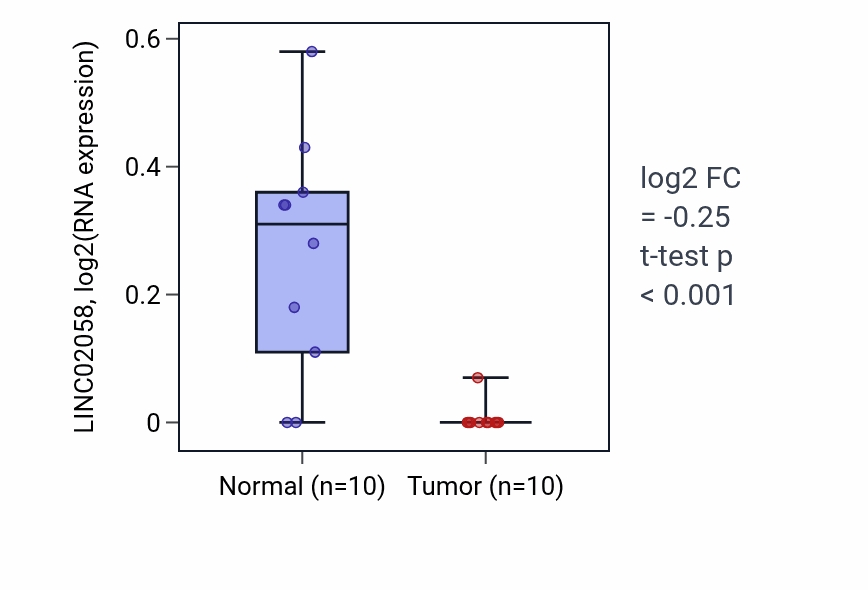 Tumor-vs-normal expression box plot for LINC02058 in KIRP.