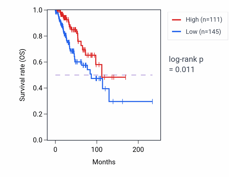 Kaplan&ndash;Meier survival curve for LINC02060 RNA-high vs -low samples in BRCA.