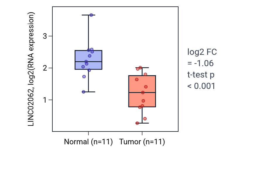 Tumor-vs-normal expression box plot for LINC02062 in KICH.