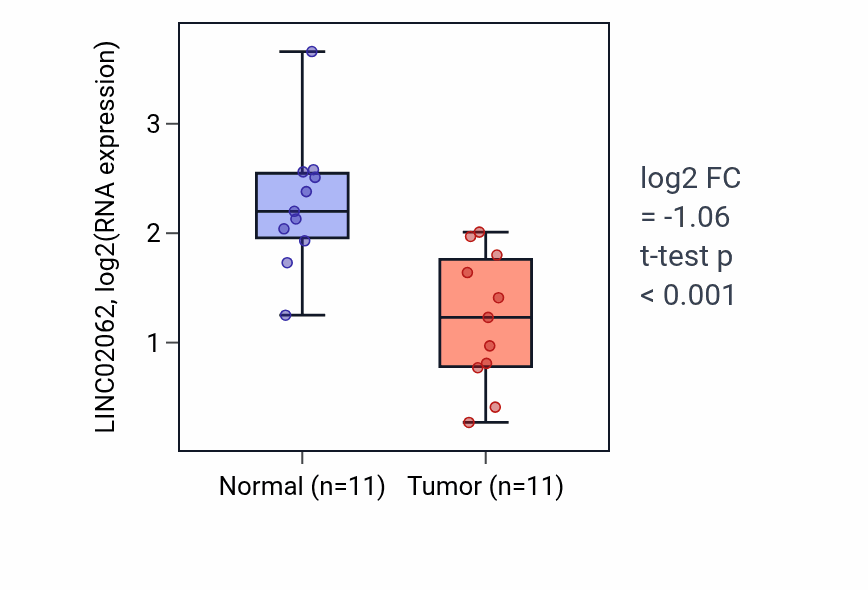 Tumor-vs-normal expression box plot for LINC02062 RNA in KICH.
