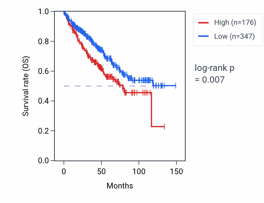 Kaplan&ndash;Meier survival curve for LINC02069 RNA expression in KIRC: high vs low expression groups.