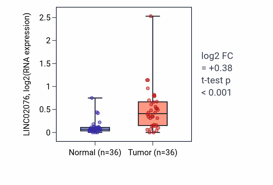 Tumor-vs-normal expression box plot for LINC02076 in KIRC.