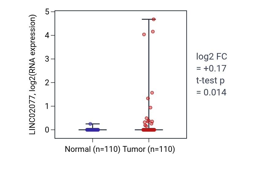Tumor-vs-normal expression box plot for LINC02077 in BRCA.