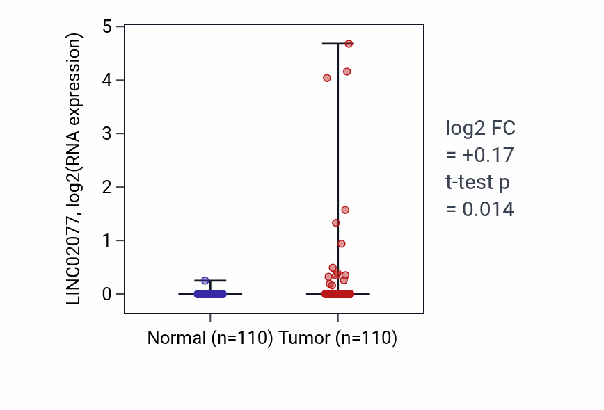 Tumor-vs-normal expression box plot for LINC02077 RNA in BRCA.