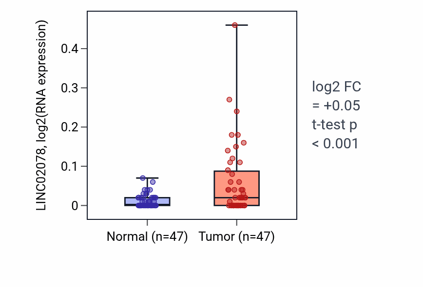 Tumor-vs-normal expression box plot for LINC02078 RNA in KIRC.