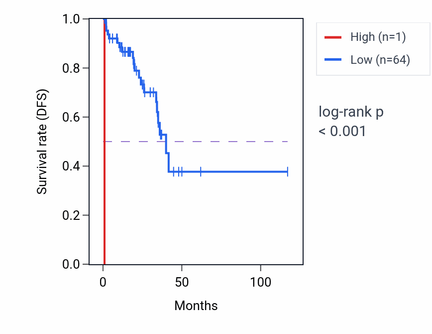 Kaplan&ndash;Meier survival curve for LINC02093 RNA expression in READ: high vs low expression groups.