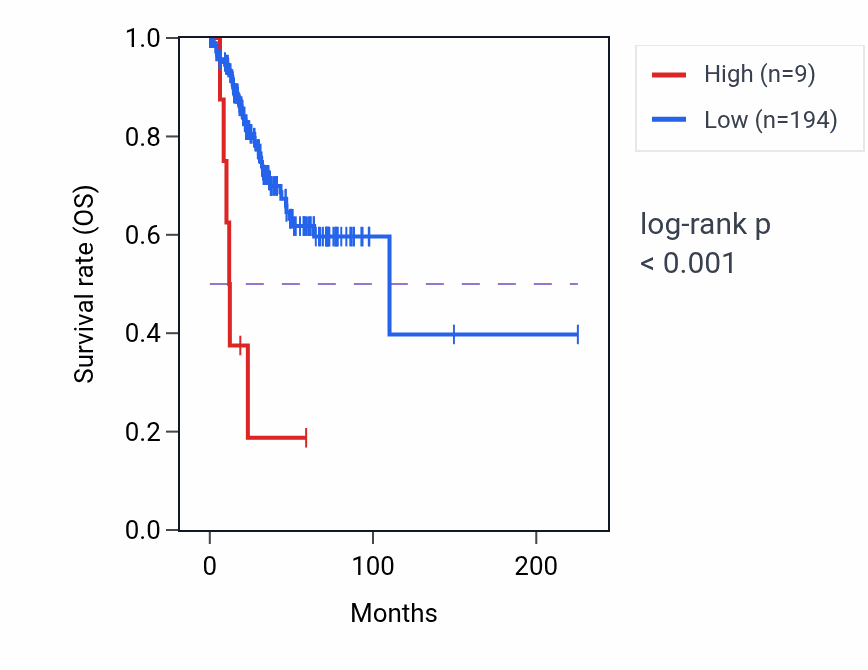 Kaplan&ndash;Meier survival curve for LINC02096 RNA expression in UCEC: high vs low expression groups.