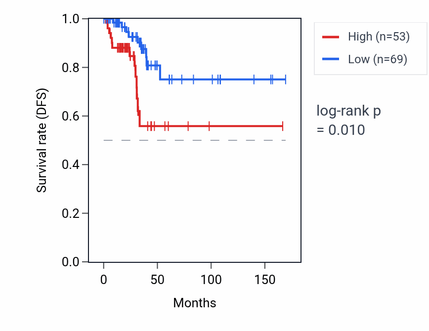 Kaplan&ndash;Meier survival curve for LINC02097 RNA expression in THCA: high vs low expression groups.