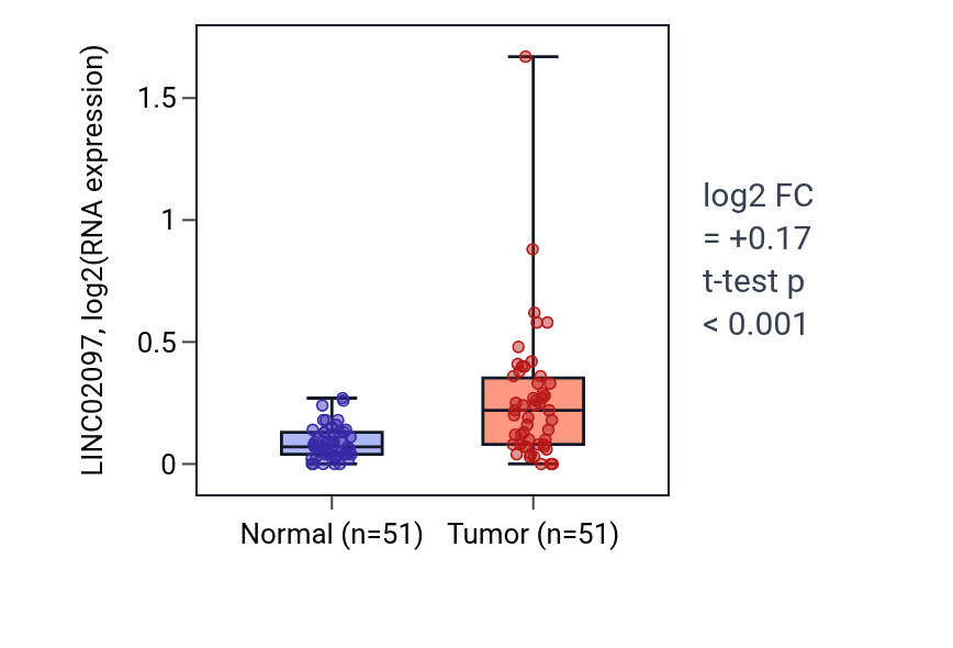 Tumor-vs-normal expression box plot for LINC02097 in KIRC.