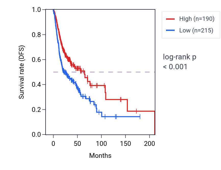 Kaplan&ndash;Meier survival curve for LINC02099 RNA expression in HNSC: high vs low expression groups.
