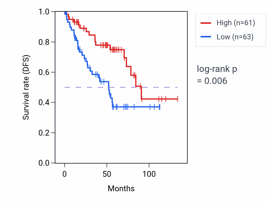 Kaplan&ndash;Meier survival curve for LINC02104 RNA expression in KIRC: high vs low expression groups.