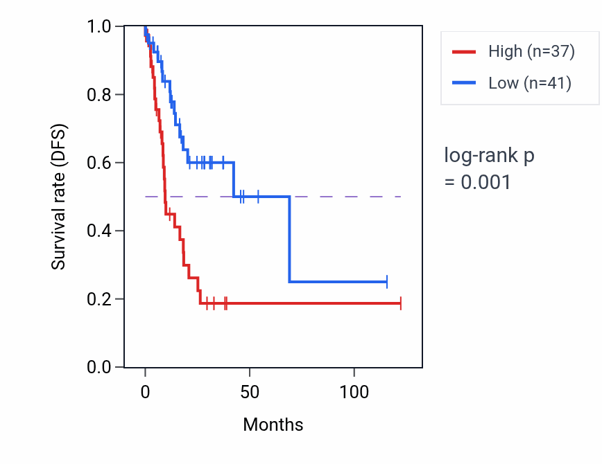 Kaplan&ndash;Meier survival curve for LINC02115 RNA expression in STAD: high vs low expression groups.