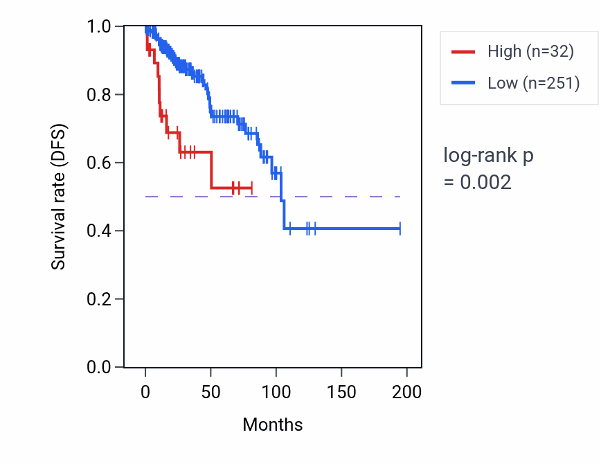 Kaplan&ndash;Meier survival curve for LINC02125 RNA expression in KIRP: high vs low expression groups.