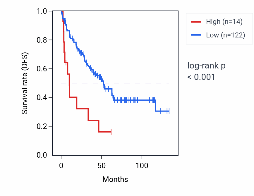 Kaplan&ndash;Meier survival curve for LINC02131 RNA expression in KIRC: high vs low expression groups.