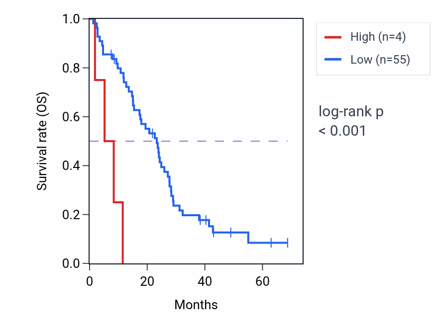 Kaplan&ndash;Meier survival curve for LINC02134 RNA expression in MESO: high vs low expression groups.