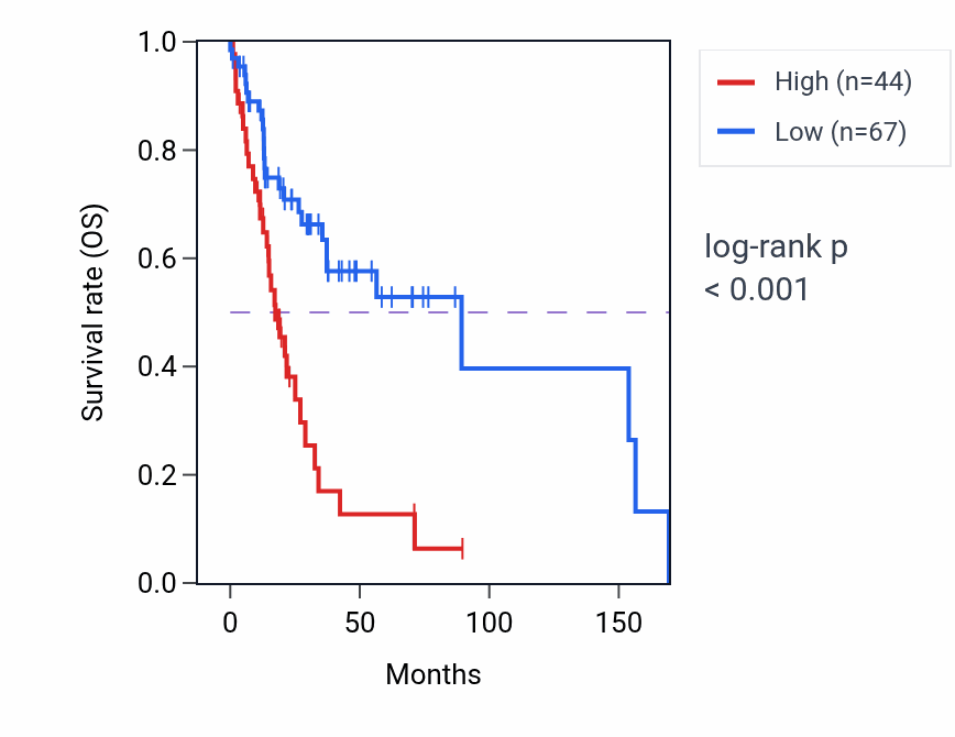 Kaplan&ndash;Meier survival curve for LINC02141 RNA-high vs -low samples in HNSC.