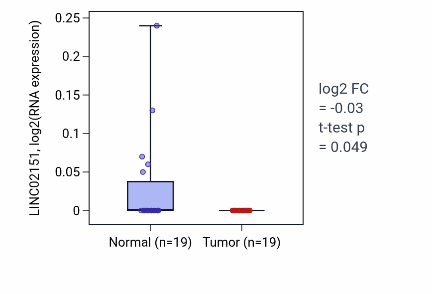 Tumor-vs-normal expression box plot for LINC02151 RNA in STAD.