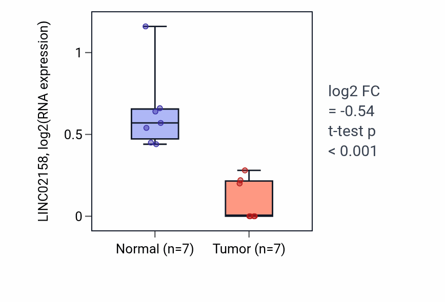 Tumor-vs-normal expression box plot for LINC02158 in COAD.