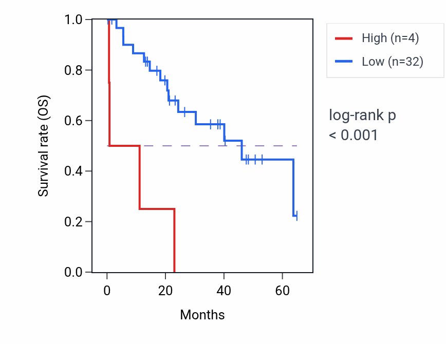 Kaplan&ndash;Meier survival curve for LINC02169 RNA-high vs -low samples in CHOL.