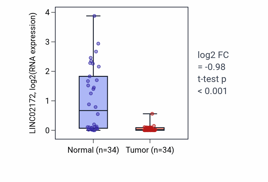 Tumor-vs-normal expression box plot for LINC02172 RNA in KIRC.