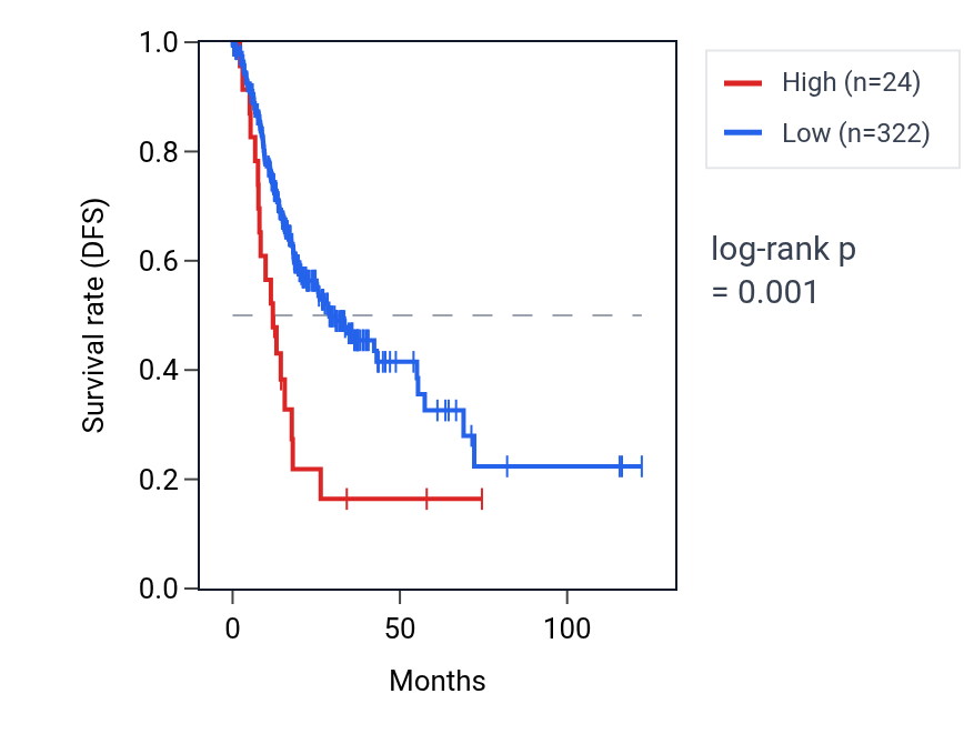 Kaplan&ndash;Meier survival curve for LINC02174 RNA expression in STAD: high vs low expression groups.