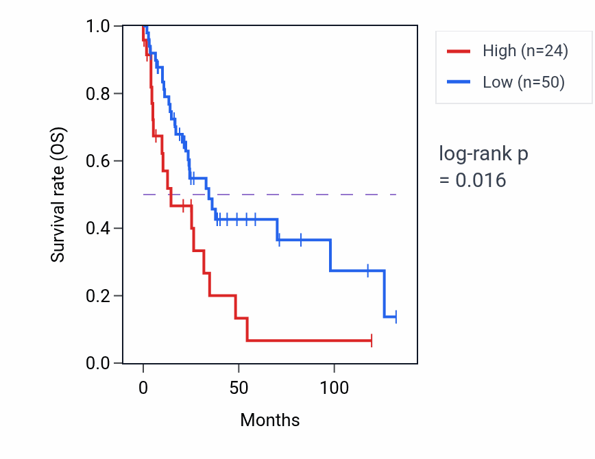 Kaplan&ndash;Meier survival curve for LINC02177 RNA expression in LUSC: high vs low expression groups.