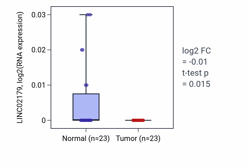 Tumor-vs-normal expression box plot for LINC02179 RNA in LUSC.