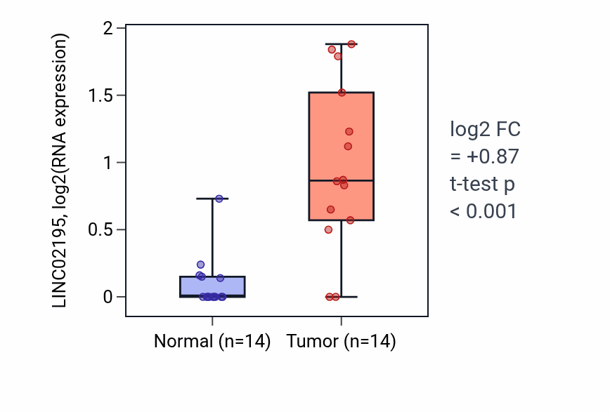 Tumor-vs-normal expression box plot for LINC02195 RNA in KIRC.