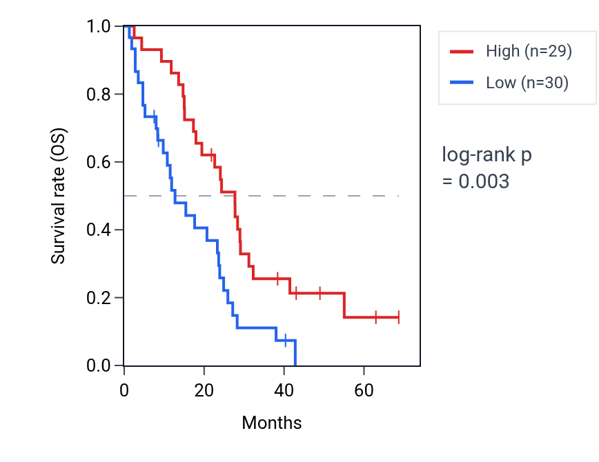 Kaplan&ndash;Meier survival curve for LINC02198 RNA expression in MESO: high vs low expression groups.