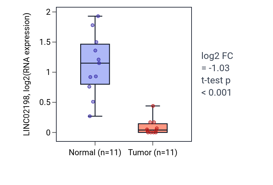 Tumor-vs-normal expression box plot for LINC02198 in KICH.