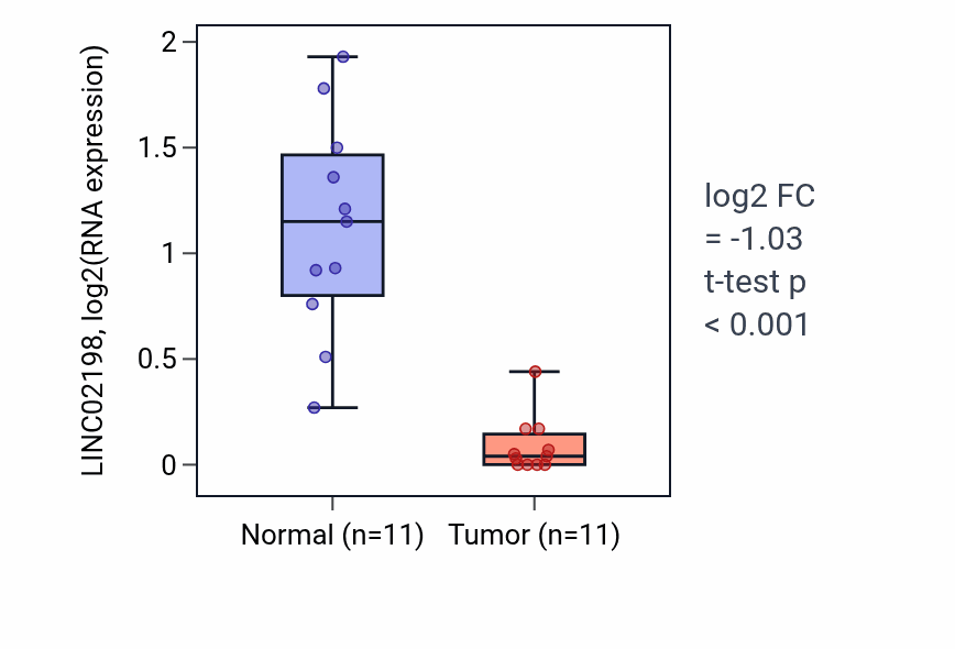 Tumor-vs-normal expression box plot for LINC02198 RNA in KICH.