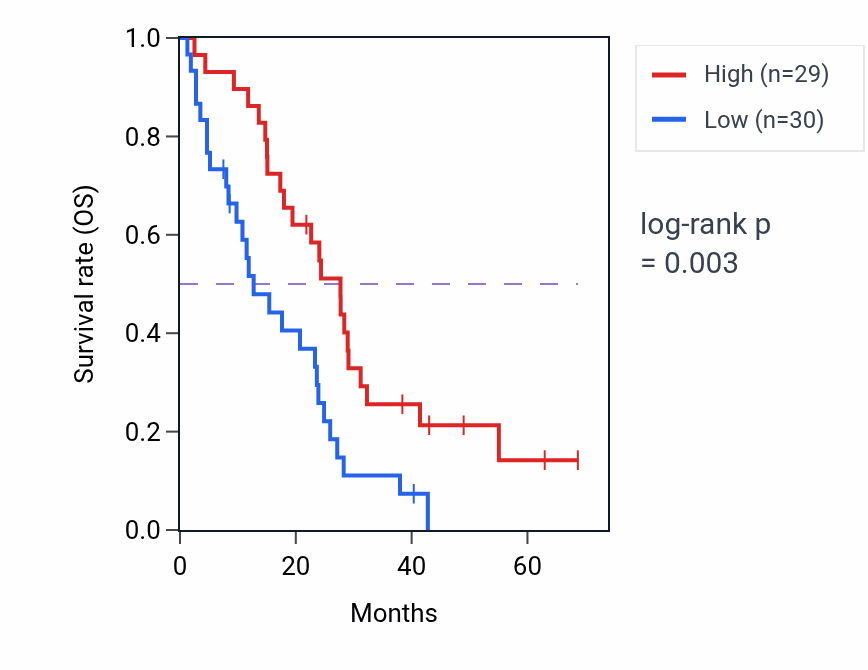 Kaplan&ndash;Meier survival curve for LINC02198 RNA-high vs -low samples in MESO.