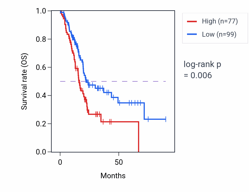 Kaplan&ndash;Meier survival curve for LINC02205 RNA expression in PAAD: high vs low expression groups.