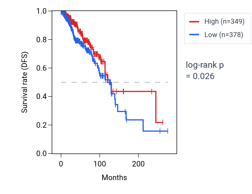 Kaplan&ndash;Meier survival curve for LINC02207 RNA expression in BRCA: high vs low expression groups.