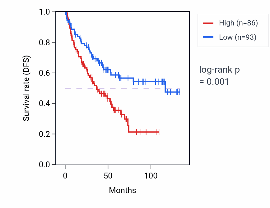 Kaplan&ndash;Meier survival curve for LINC02208 RNA expression in KIRC: high vs low expression groups.