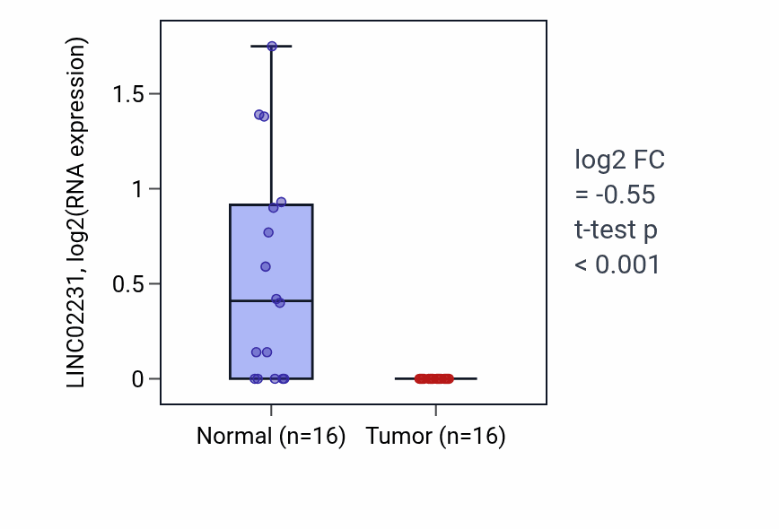 Tumor-vs-normal expression box plot for LINC02231 in LUSC.