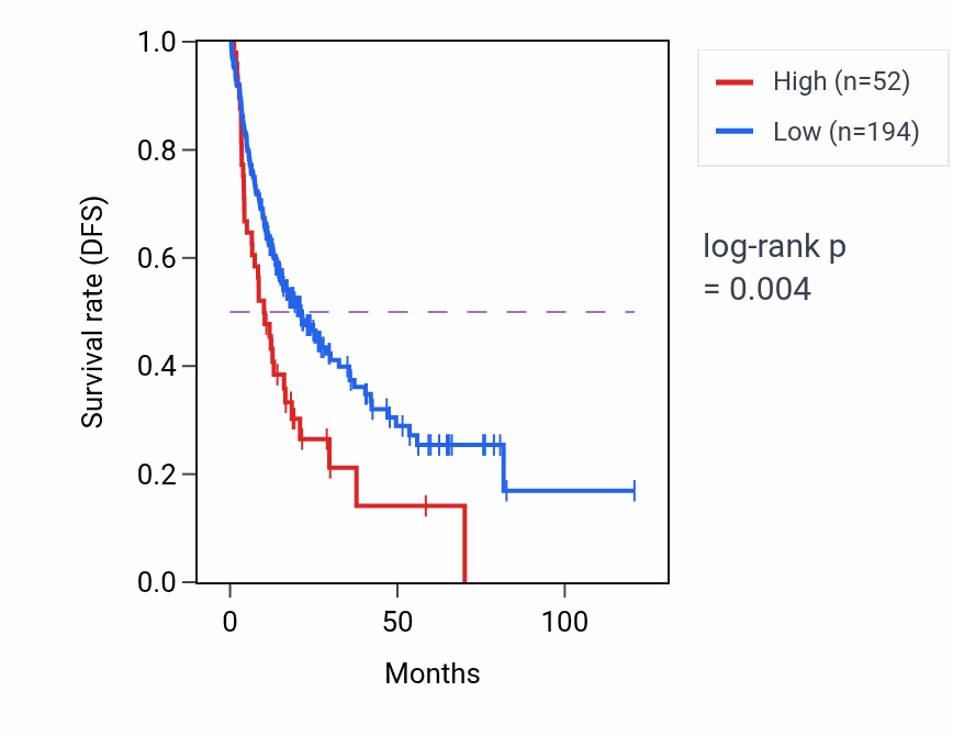 Kaplan&ndash;Meier survival curve for LINC02236 RNA expression in LIHC: high vs low expression groups.