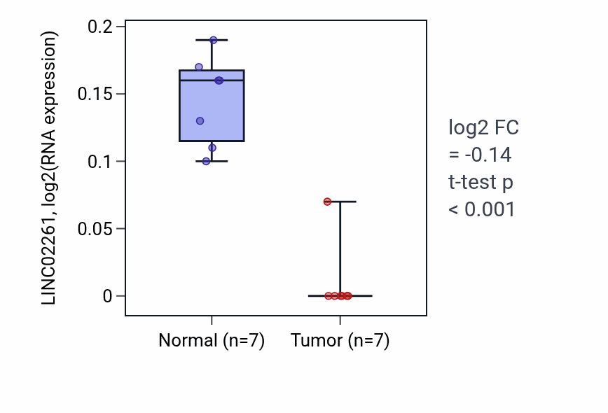 Tumor-vs-normal expression box plot for LINC02261 in COAD.