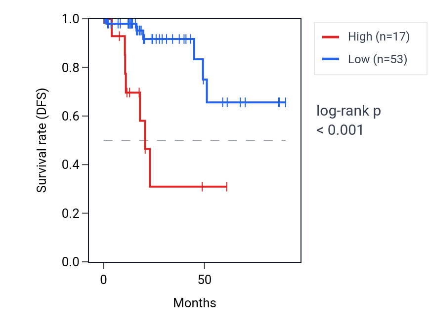 Kaplan&ndash;Meier survival curve for LINC02266 RNA expression in KIRP: high vs low expression groups.