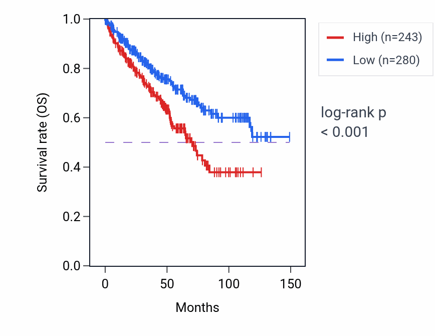 Kaplan&ndash;Meier survival curve for LINC02280 RNA expression in KIRC: high vs low expression groups.