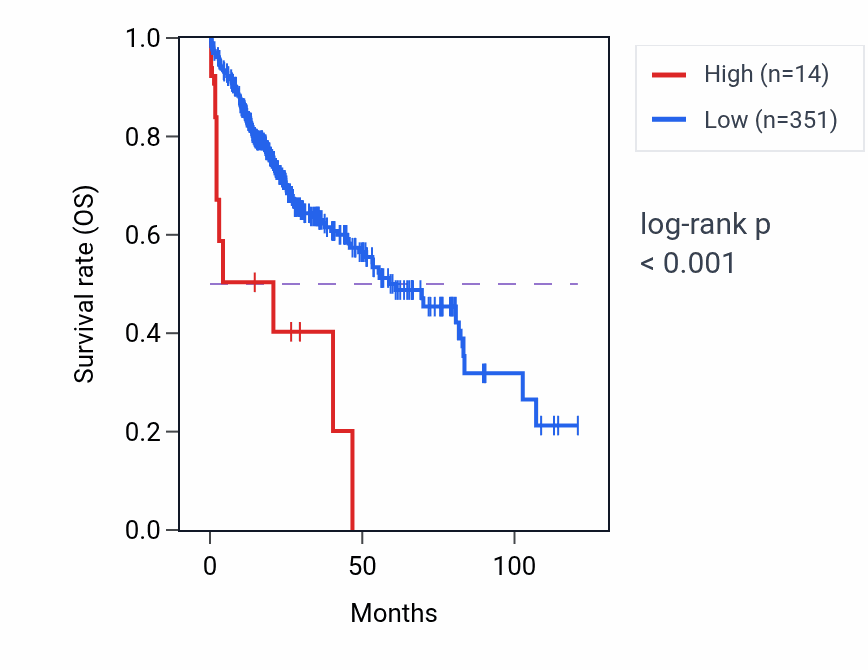 Kaplan&ndash;Meier survival curve for LINC02281 RNA expression in LIHC: high vs low expression groups.