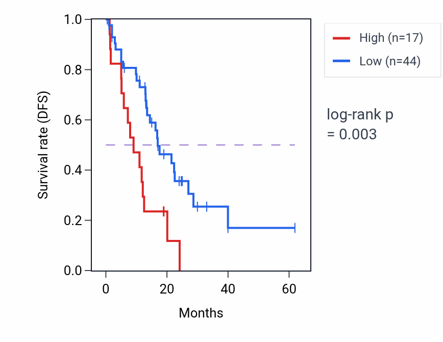 Kaplan&ndash;Meier survival curve for LINC02287 RNA expression in COAD: high vs low expression groups.