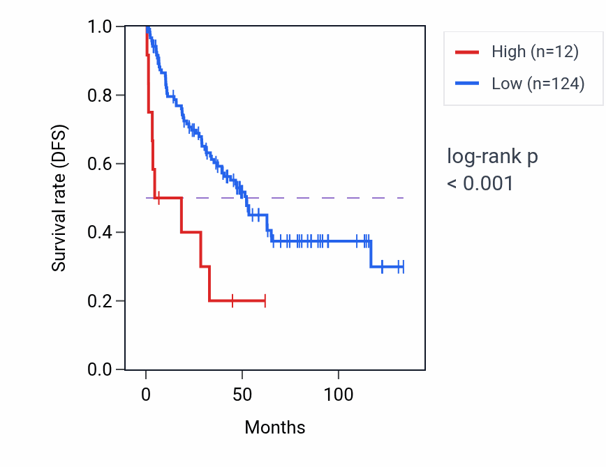 Kaplan&ndash;Meier survival curve for LINC02300 RNA expression in KIRC: high vs low expression groups.