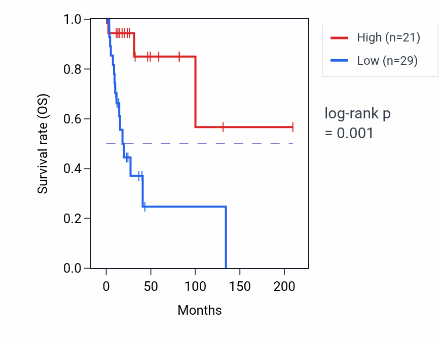 Kaplan&ndash;Meier survival curve for LINC02303 RNA expression in CESC: high vs low expression groups.