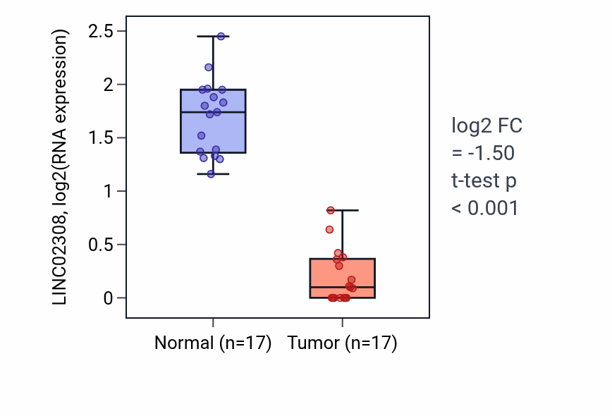 Tumor-vs-normal expression box plot for LINC02308 in THCA.