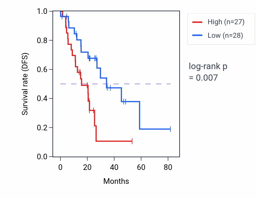 Kaplan&ndash;Meier survival curve for LINC02313 RNA expression in LUAD: high vs low expression groups.