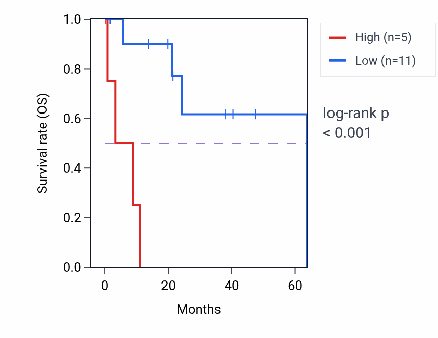 Kaplan&ndash;Meier survival curve for LINC02318 RNA expression in CHOL: high vs low expression groups.